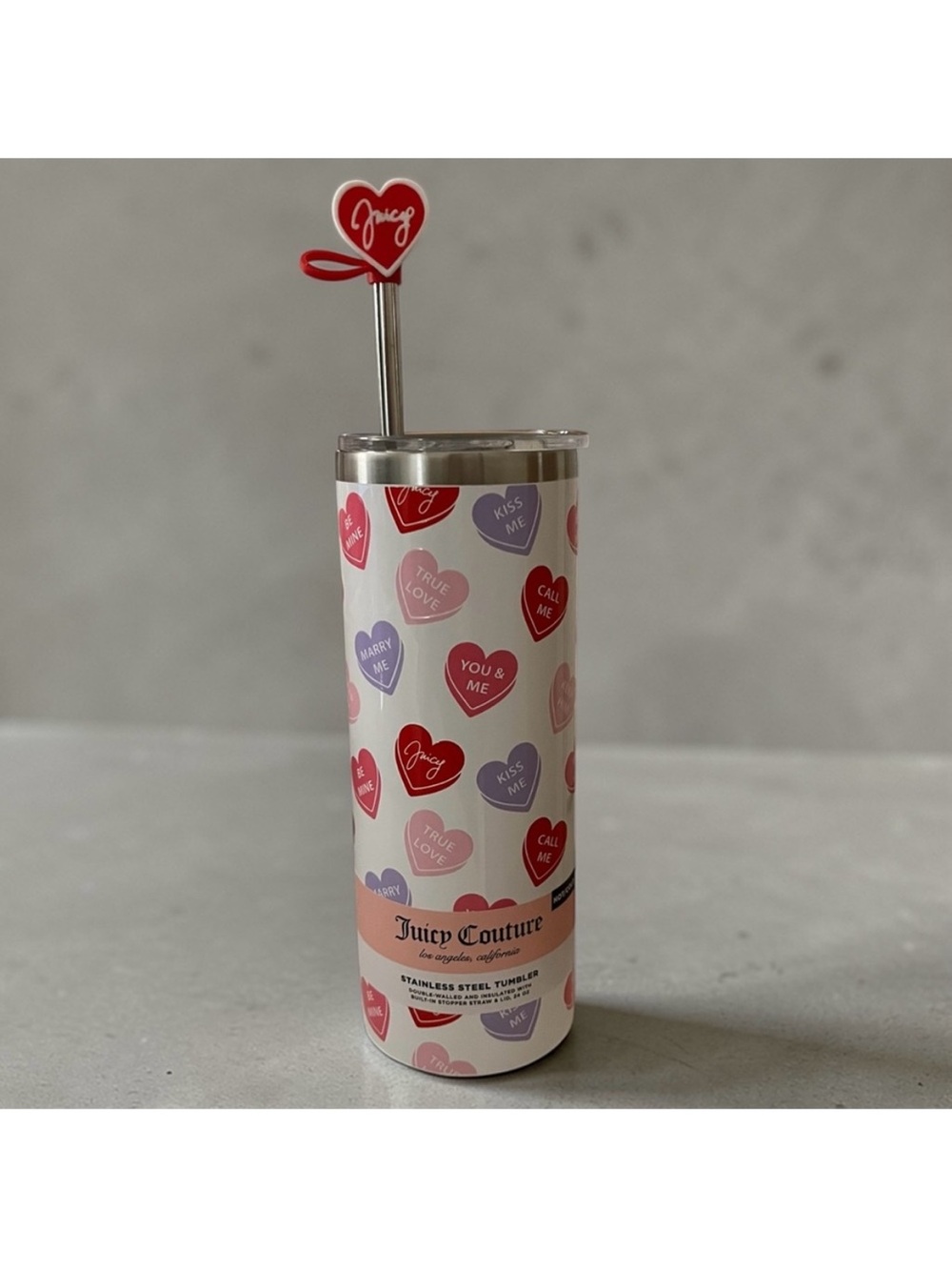 NWT Juicy Couture Tumbler with Conversation Hearts - comes w/ straw & topper